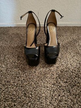 Sam Edelman Kori Black Patent Platform Peep-Toe Ankle Strap Heels